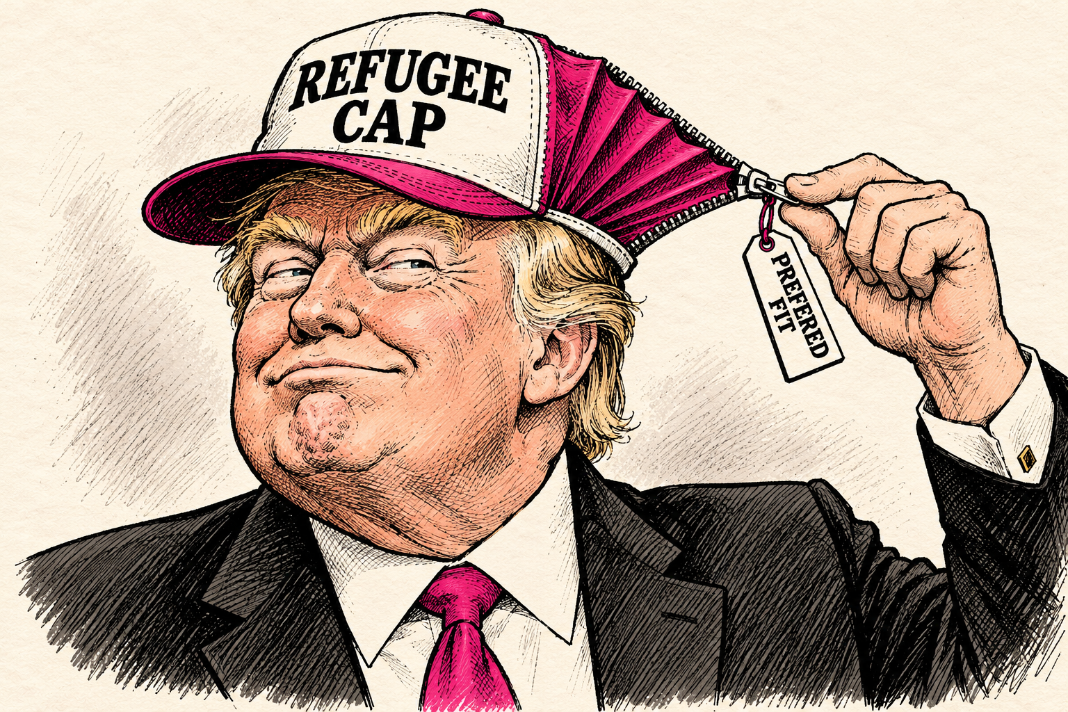 Trump pulls open a magenta expansion in a baseball cap labeled Refugee Cap, with a tag reading Preferred Fit.