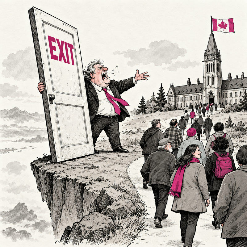 A generic separatist holds an oversized EXIT door near a cliff while citizens walk toward a building flying a Canadian maple-leaf flag.