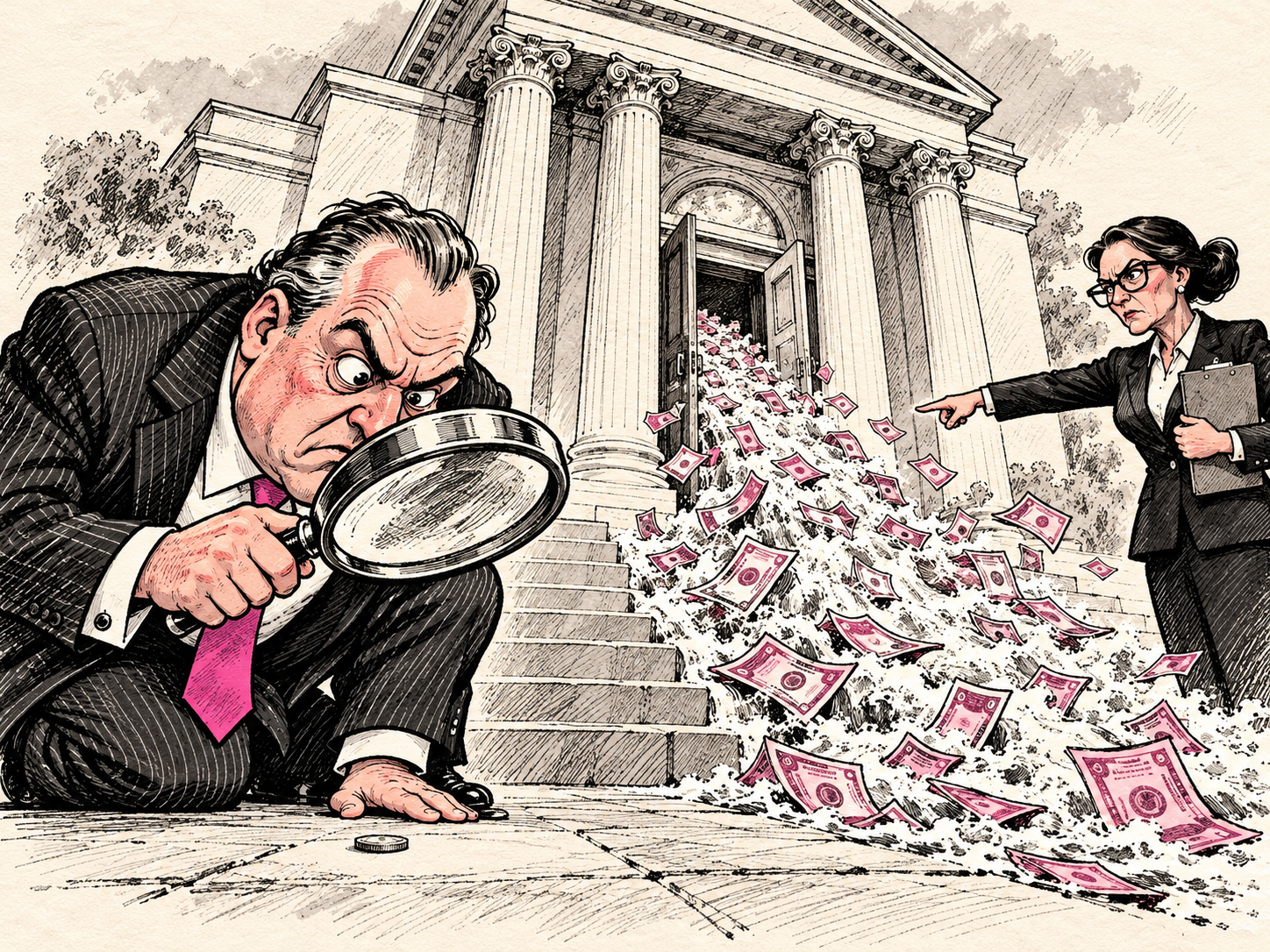 Satirical illustration of a banker studying a coin while a river of money passes by
