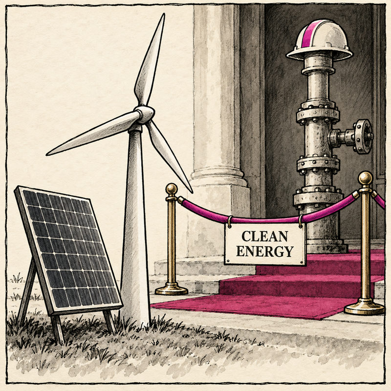 A hardhat-topped geothermal pipe stands behind a pink CLEAN ENERGY rope while a wind turbine and solar panel remain outside.