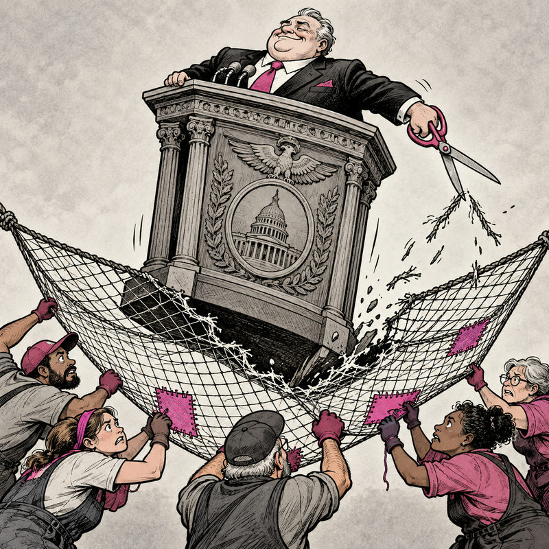Democrawonk — An official cuts a safety net beneath his own podium while volunteers struggle to repair it.
