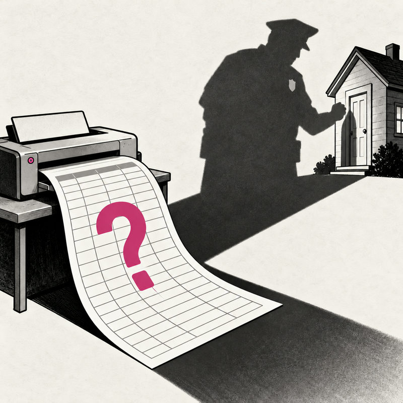 Democrawonk — A printer produces a blank spreadsheet with a large pink question mark, casting an oversized officer-shaped shadow that reaches toward a house door.