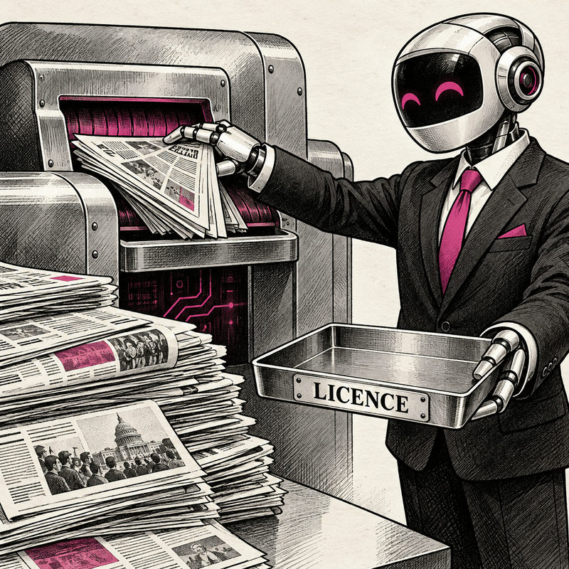 A smiling suited robot feeds newspapers into a machine while holding an empty tray marked LICENCE.