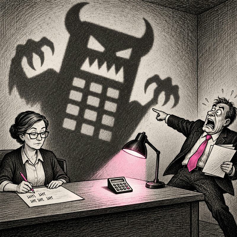Democrawonk — A calm election worker tallies marks while a politician panics at a fanciful monster shadow cast by an ordinary calculator.