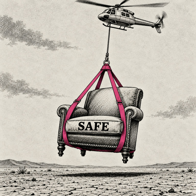 Democrawonk — A chair labeled SAFE hangs in a pink rescue sling beneath a helicopter over dry ground.