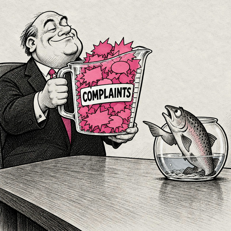 Democrawonk — A pleased bureaucrat offers a jug filled with pink complaints to a fish waiting in a shallow bowl of water.