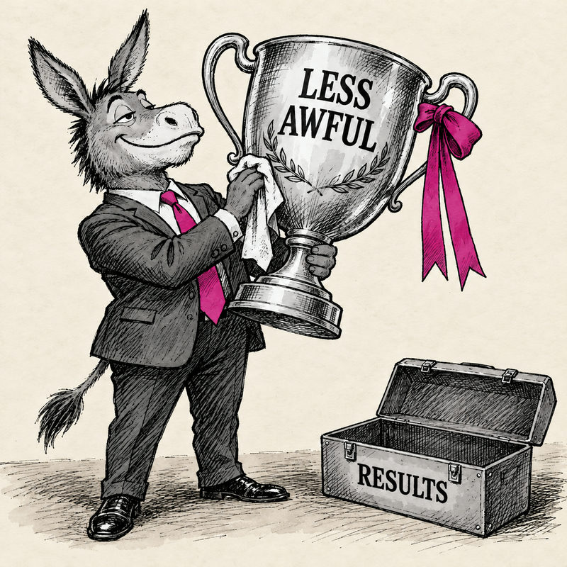 Cartoon Democratic donkey polishes a Less Awful trophy beside an empty Results toolbox.