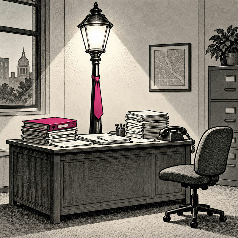 Democrawonk — A streetlamp wearing a pink tie stands behind an office desk piled with paperwork, with an empty chair and telephone beside it.