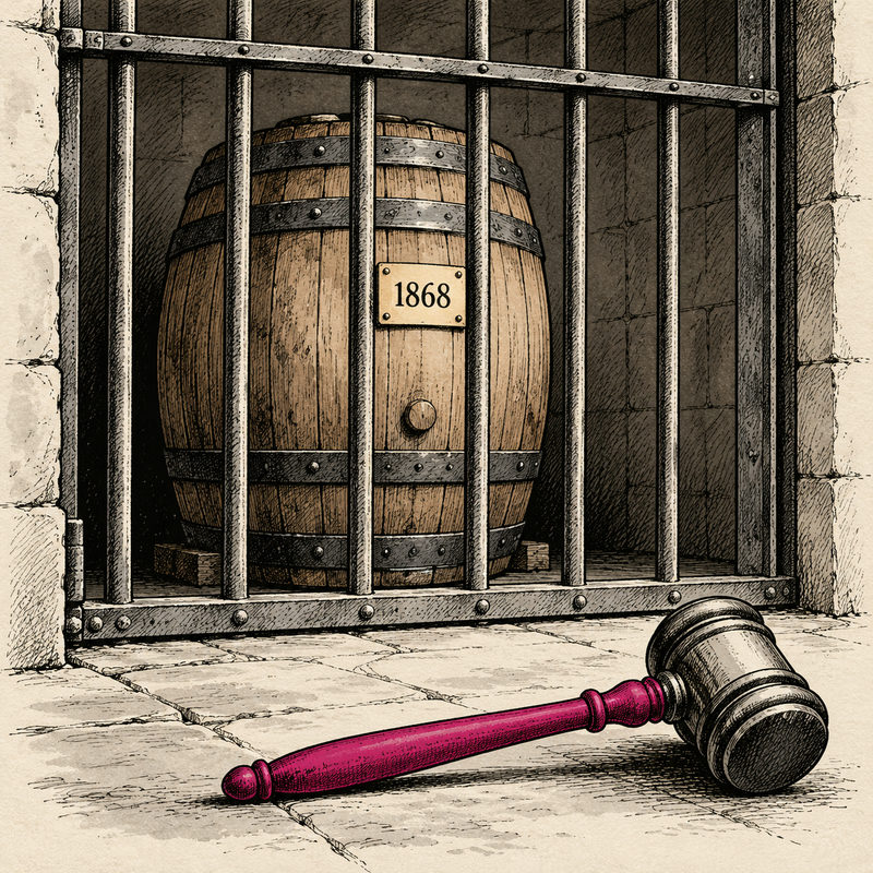 A wooden barrel marked1868 stands behind prison bars while a gavel with a pink handle rests outside.
