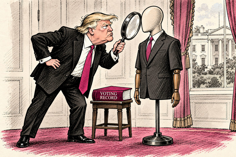 In an imaginary candidate appraisal, Trump examines a blank-faced suited mannequin through a magnifying glass while an unopened VOTING RECORD book waits on a stool.
