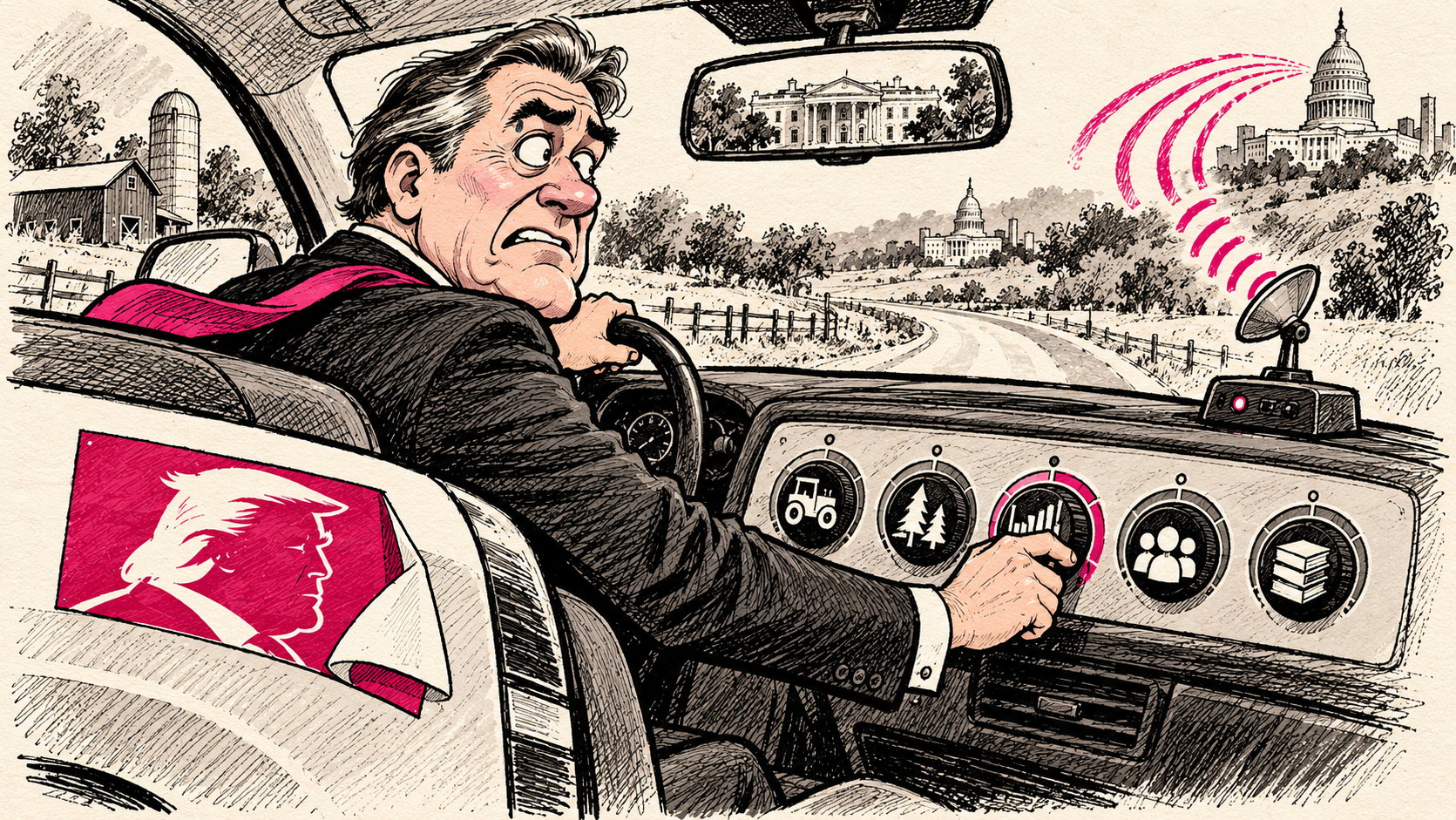 A Wisconsin campaign driver adjusts policy knobs in a rental car while a political remote-control signal arrives from Washington.