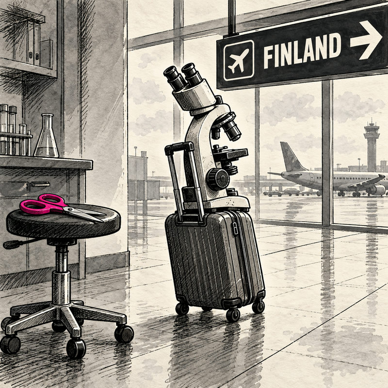 Editorial cartoon of a microscope on a rolling suitcase beside a Finland departure sign, with magenta scissors left on a laboratory stool.
