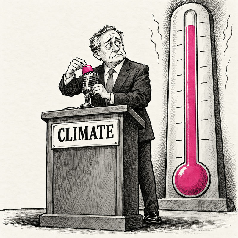 Cartoon politician puts a small pink cover on a microphone at a Climate podium beside a large rising thermometer.