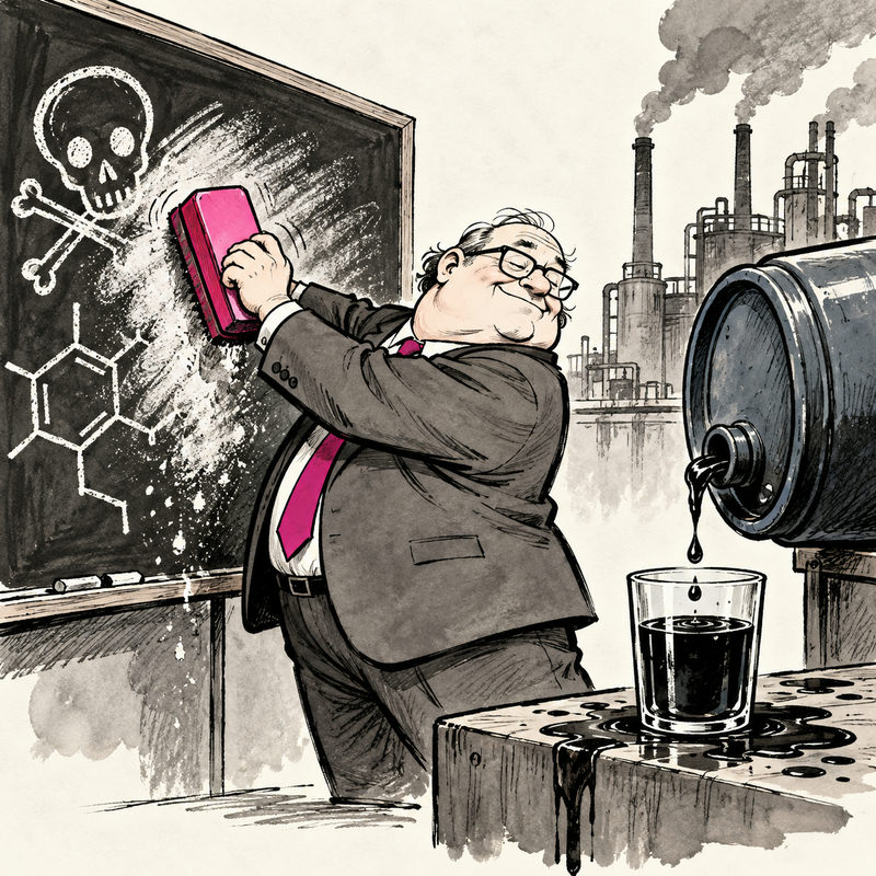 Editorial cartoon of an official erasing a chemical warning from a notice while a leaking industrial container remains beside it.