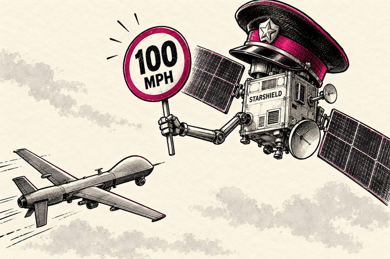 Parody illustration of a Starshield satellite wearing a traffic-police cap and holding a 100 MPH sign in front of an unmanned aircraft.