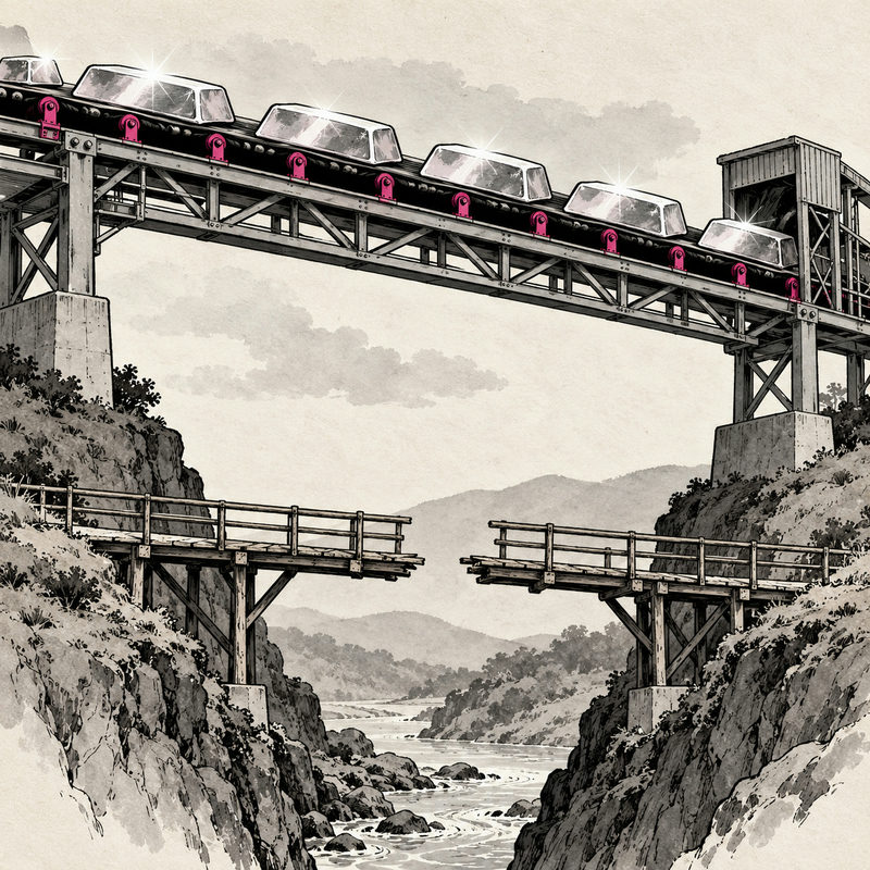 Democrawonk — A conveyor carries shining metal ingots across a ravine above an unfinished pedestrian bridge with a central gap.