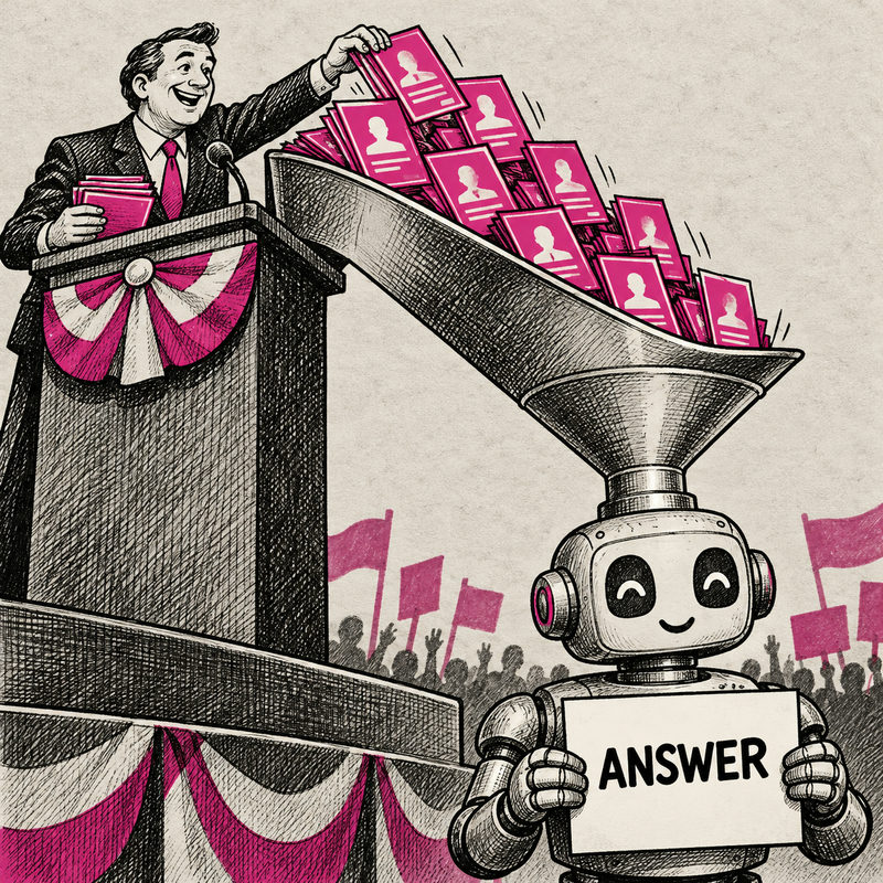 Democrawonk — A generic candidate feeds pink campaign leaflets through a funnel into a smiling robot holding an ANSWER card.