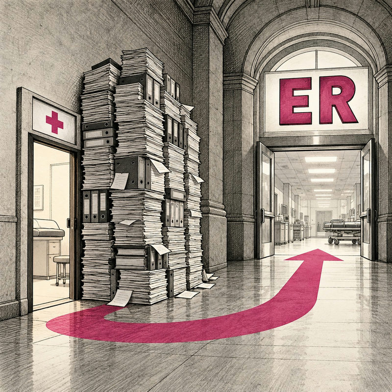 Democrawonk — Paperwork crowds a small clinic entrance while a pink arrow directs patients toward a large ER doorway.