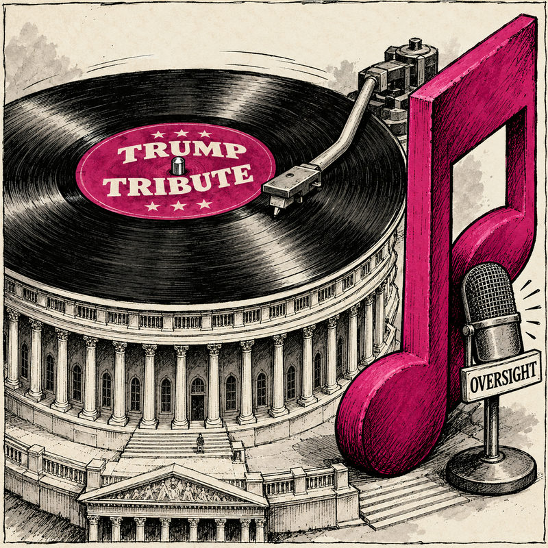 A Capitol-like turntable plays a TRUMP TRIBUTE record beside a giant pink musical note and a smaller OVERSIGHT microphone.
