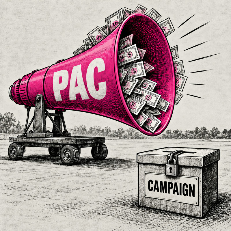 Democrawonk — A pink megaphone labeled PAC is filled with banknotes beside a separate locked donation box labeled CAMPAIGN.