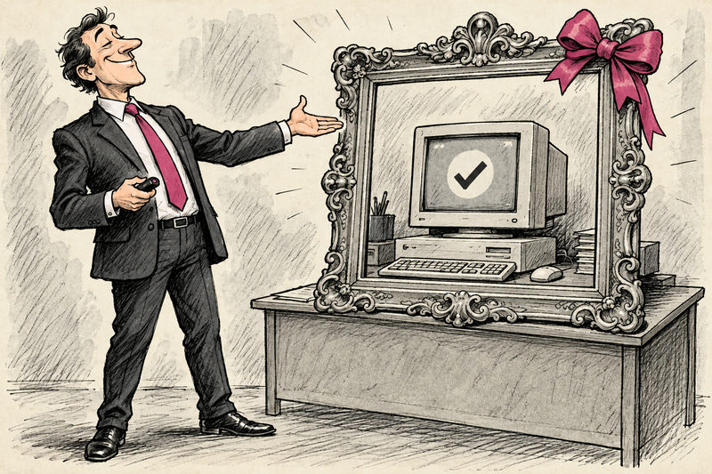 An imaginary salesman grandly presents an ordinary old desktop computer inside an ornate frame with a pink bow.