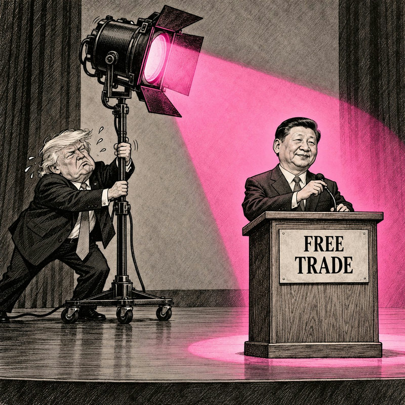 Democrawonk — Trump struggles to aim a pink stage spotlight at Xi Jinping, who stands calmly behind a Free Trade lectern.