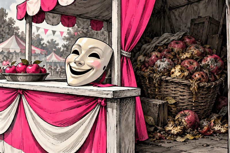 A smiling campaign mask conceals a basket of rotten apples behind a booth curtain.