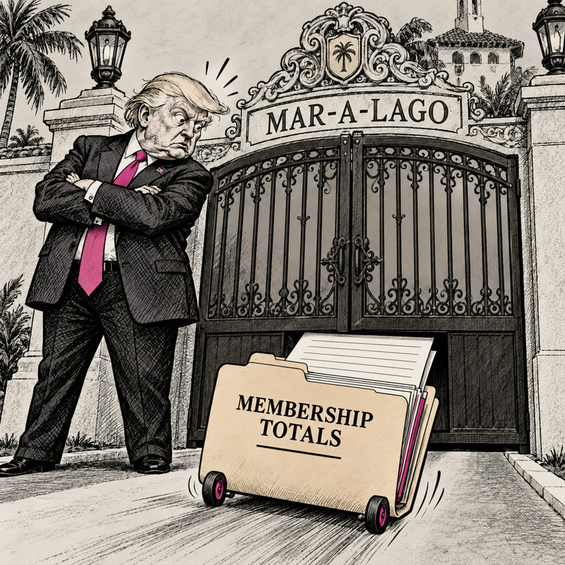 Democrawonk — A Trump caricature guards a closed Mar-a-Lago gate while a wheeled folder labelled MEMBERSHIP TOTALS rolls out carrying neutral lined documents.