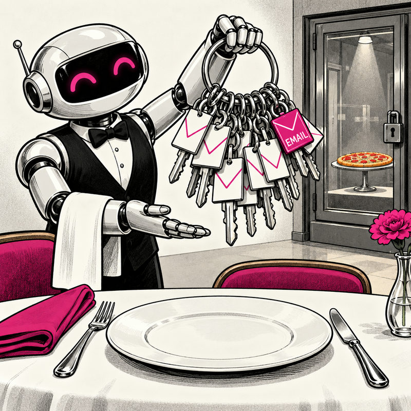 Robot waiter presents email keys above an empty plate while a pizza remains behind locked glass.