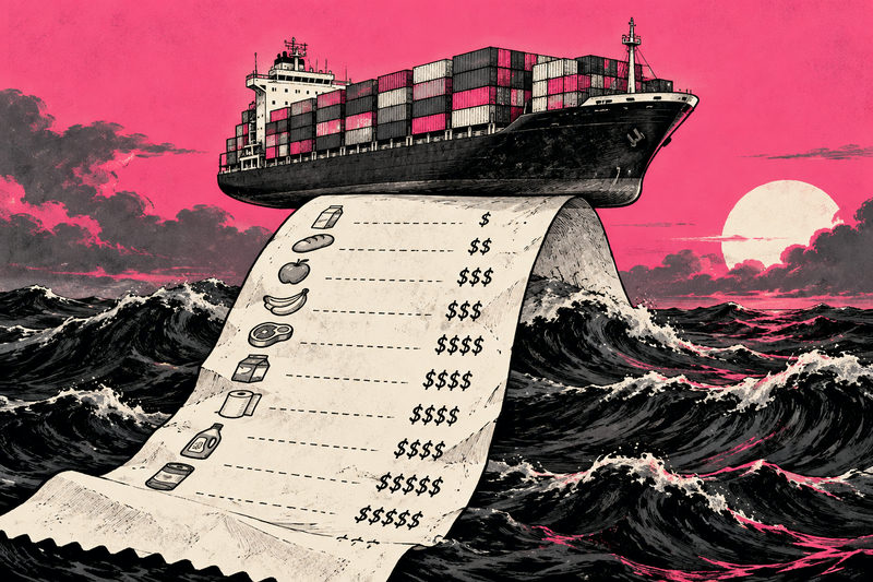A container ship balances on a giant household receipt above stylized waves.