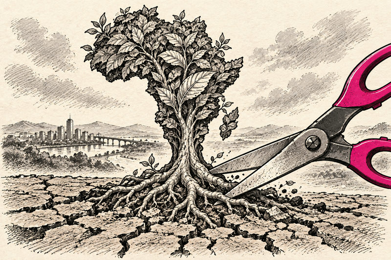 A tree shaped like Africa grows from cracked earth while giant pink-handled scissors threaten its roots.