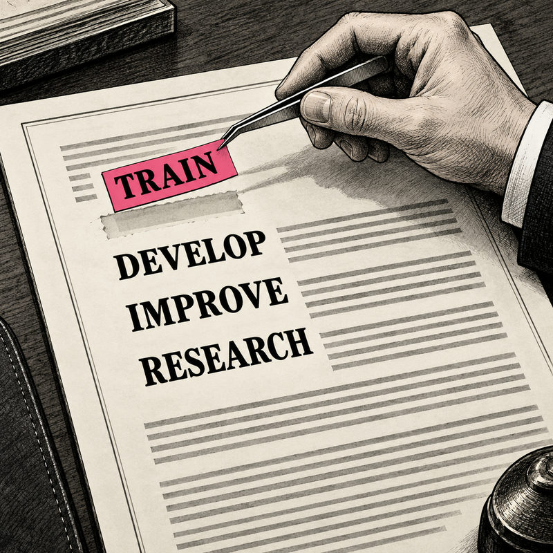 Democrawonk — Tweezers remove the pink word Train from a contract while Develop, Improve and Research remain printed below.