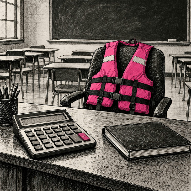 Democrawonk — A pink life jacket hangs on an empty teacher’s chair behind a desk with a calculator in an empty classroom.