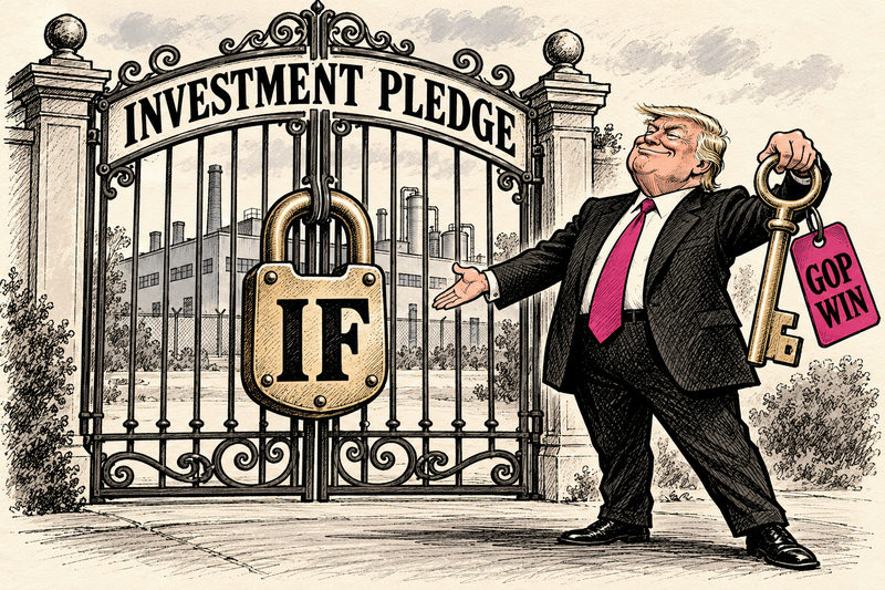 A fanciful INVESTMENT PLEDGE factory gate is locked with IF while Trump holds a huge key tagged GOP WIN.
