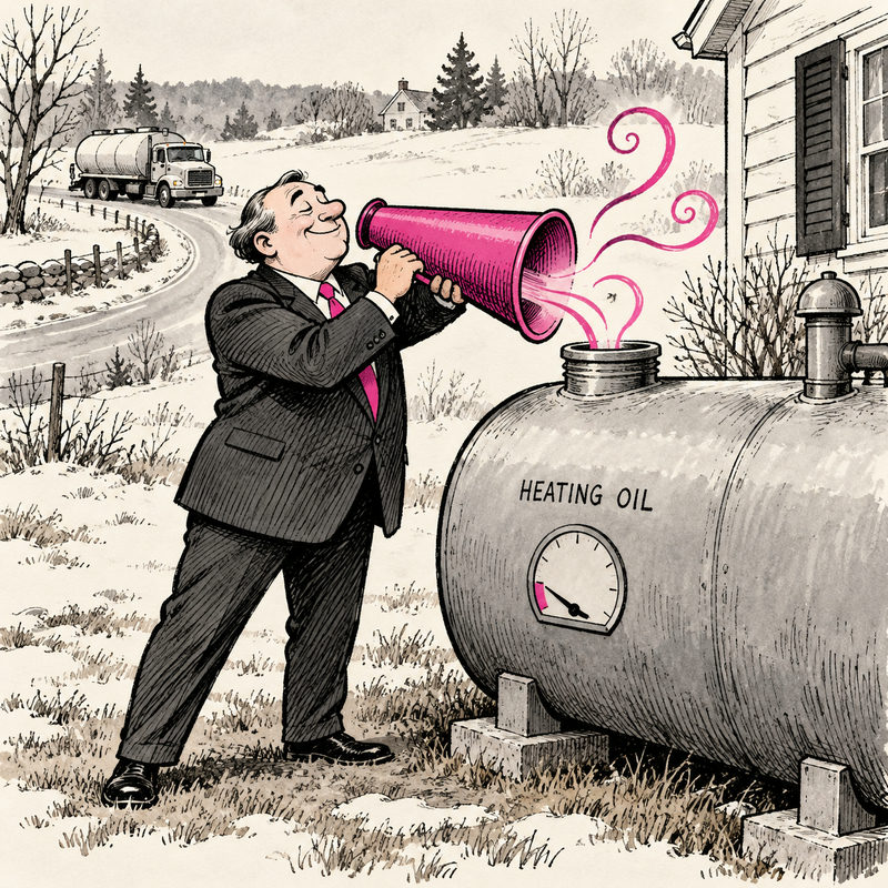 Democrawonk — An official aims a pink megaphone into a low heating-oil tank while a delivery truck approaches in the distance.