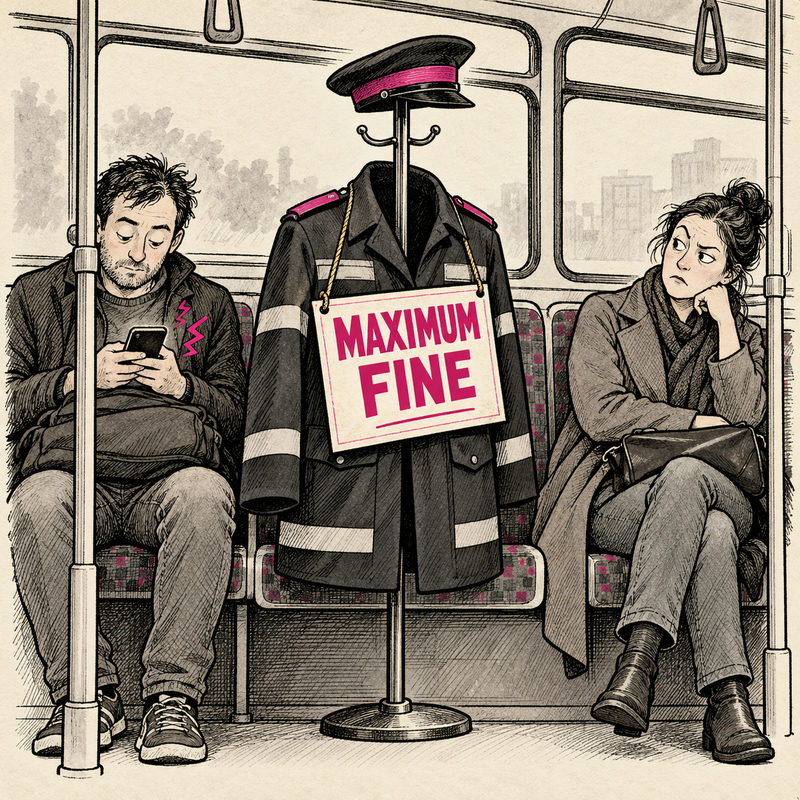 An empty uniform on a coat stand displays Maximum Fine between a passenger playing a phone and an unimpressed fellow passenger.