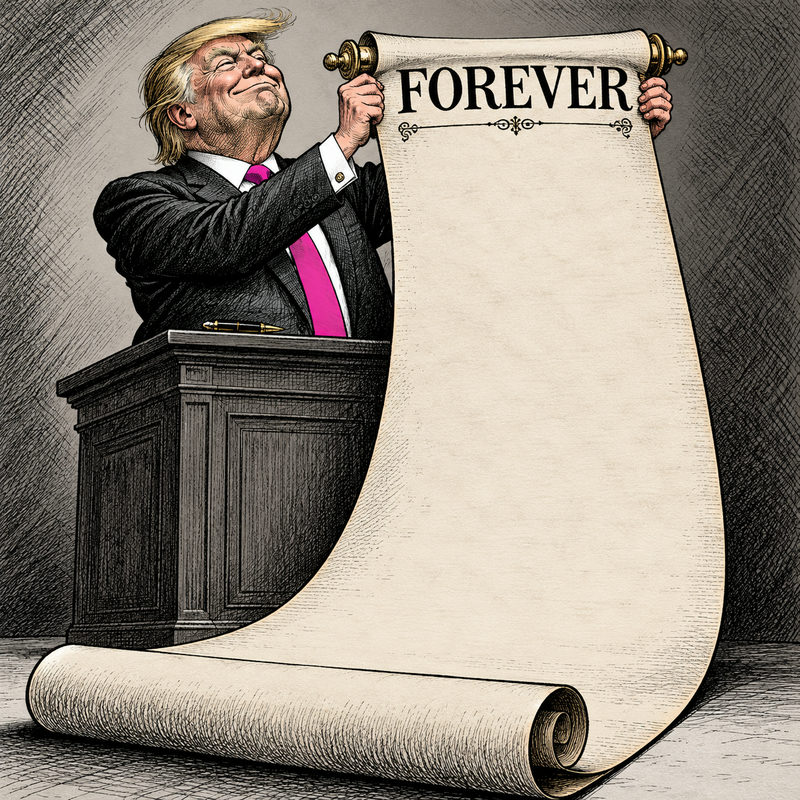 Democrawonk — A caricature of Trump displays a huge blank scroll headed FOREVER while a pen lies unused on the lectern.
