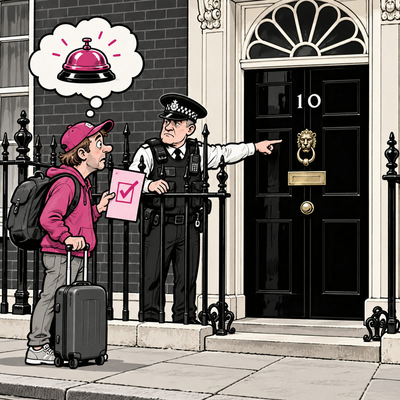 Democrawonk — A tourist with a suitcase and pink booking confirmation imagines a hotel bell outside Number 10, while a stern officer stands behind the railing.