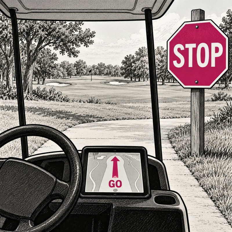 Democrawonk — A golf cart faces a pink STOP sign while its dashboard navigation screen says GO.