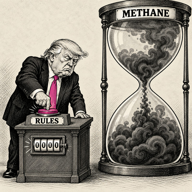 Democrawonk — Trump presses a RULES reset button above a zero counter while dark symbolic gas continues through an enormous METHANE hourglass.
