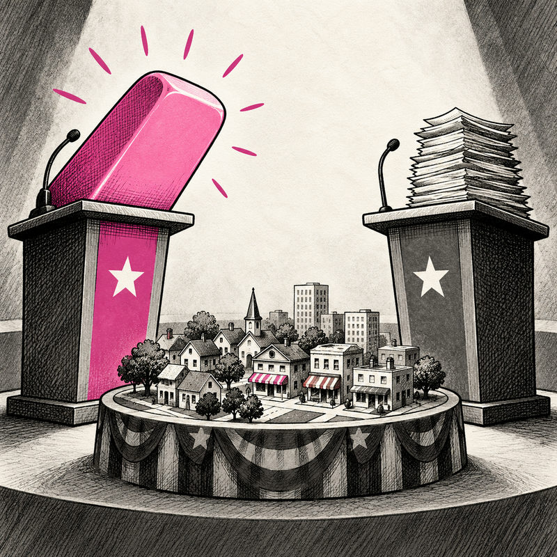 An oversized pink eraser and a stack of papers occupy rival lecterns while a miniature town sits untouched between them.