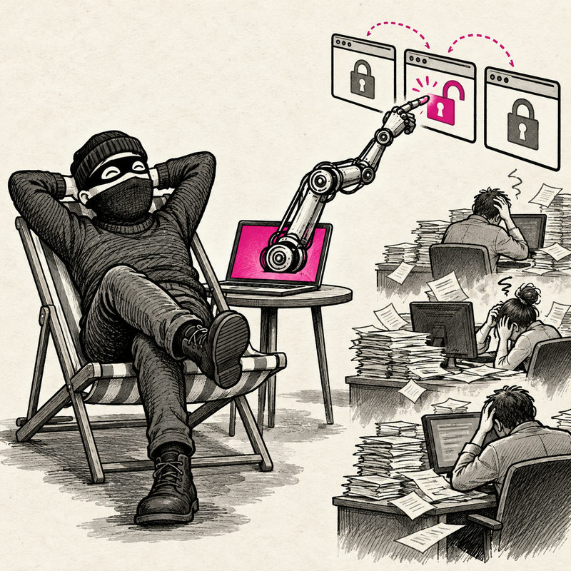 A relaxed masked cartoon burglar reclines while a robotic arm from a laptop opens a website lock; stressed office workers appear at right.