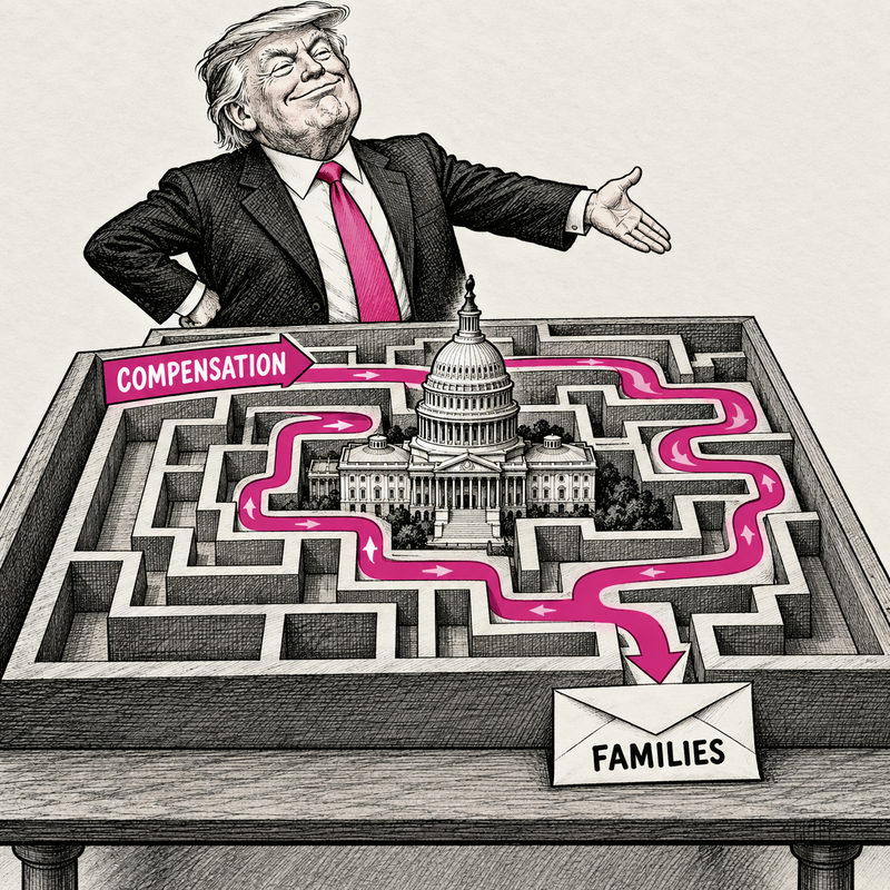 Democrawonk — Trump gestures over a tabletop maze where a pink compensation route winds around the Capitol toward an envelope labeled Families.