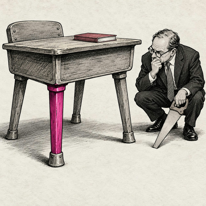 Democrawonk — A suited official holds an idle saw beside an intact school desk with one pink replacement leg.