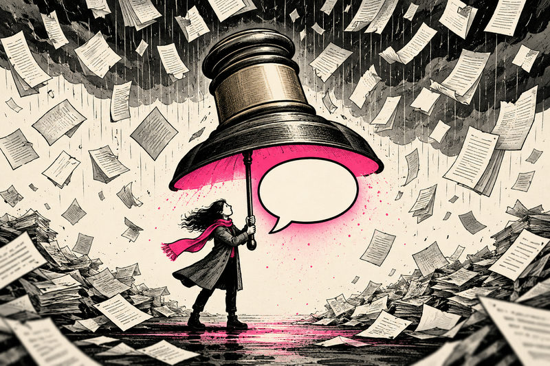 A person shelters a speech bubble beneath a gavel-shaped umbrella in a rain of paperwork.