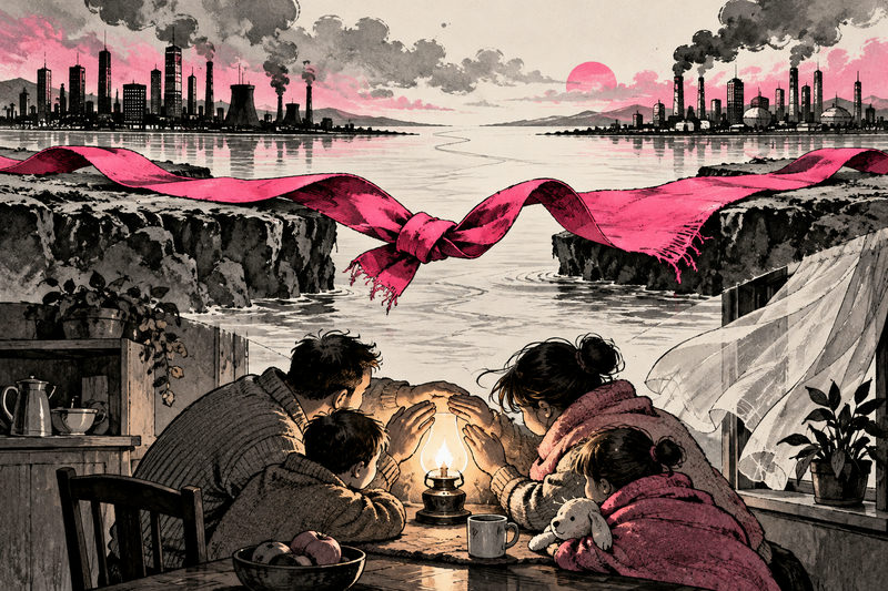 A family shelters a lamp beneath a fraying ribbon between industrial skylines.