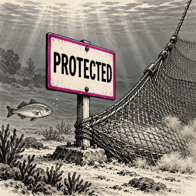A fishing net snags the base of an underwater PROTECTED sign while a fish swims nearby; the sign has a magenta border.