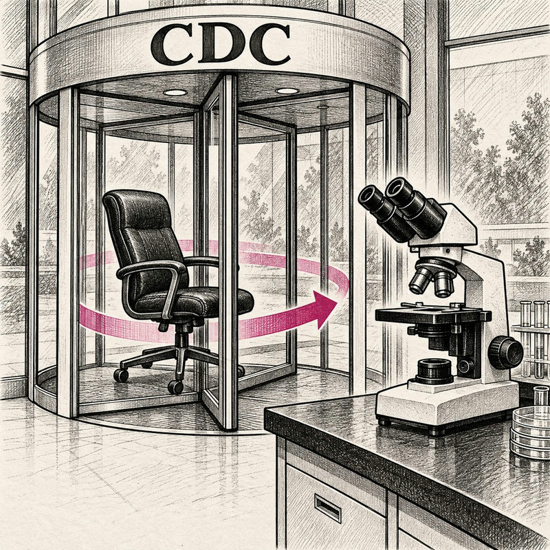 Democrawonk — An office chair circles inside a CDC revolving door beside a stationary laboratory microscope.