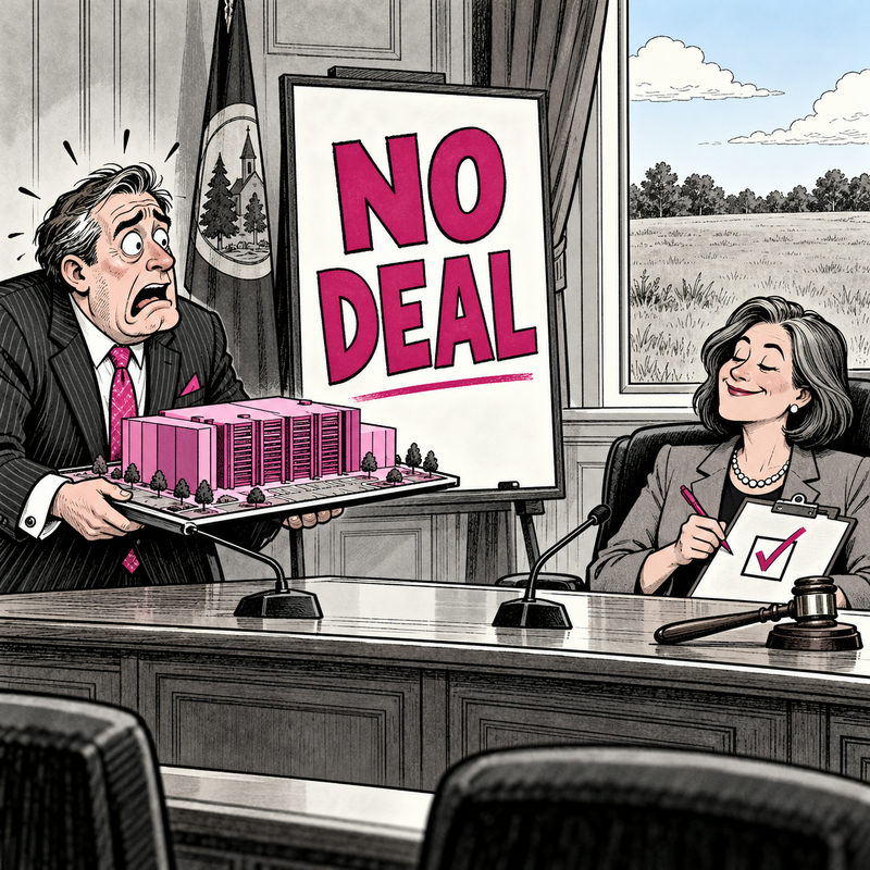 Democrawonk — A worried lobbyist holds a data-center model beside a NO DEAL sign while a smiling council member checks a box.