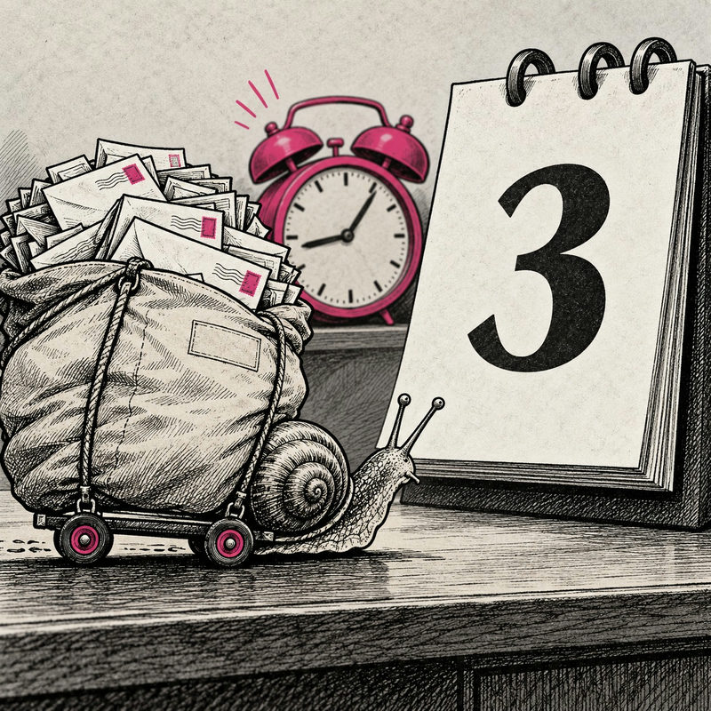 Democrawonk — A snail carries a trolley of mail beside a pink alarm clock and a calendar showing the number 3.
